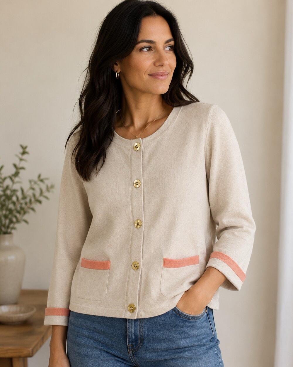 Coach Cashmere Cotton Cardigan Sweater S Ivory Pink Leather Trim Turnlock